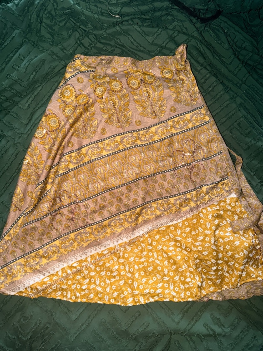 Boho Floral Midi wrap Skirt in Mustard and Taupe- sequins